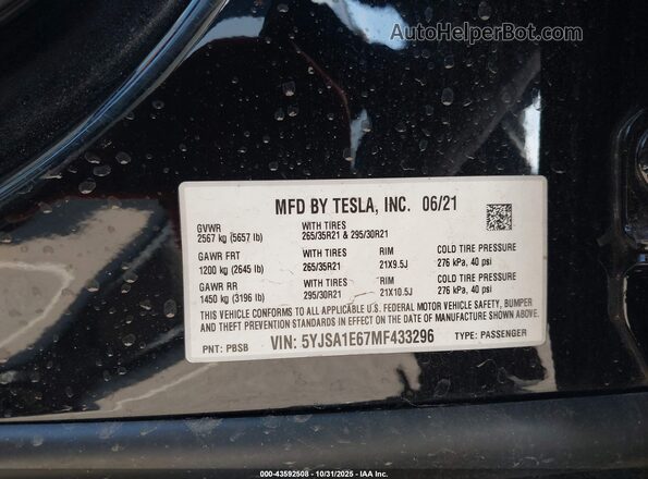 5YJSA1E67MF433296 2021 TESLA MODEL S Black 