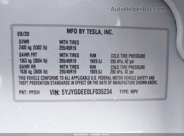 5YJYGDEE0LF035234 2020 TESLA MODEL Y Белый Вид подкапотного пространства