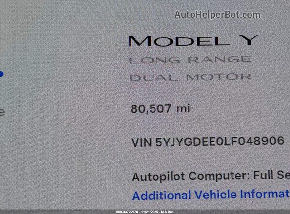 5YJYGDEE0LF048906 2020 TESLA MODEL Y White Vista de los asientos traseros