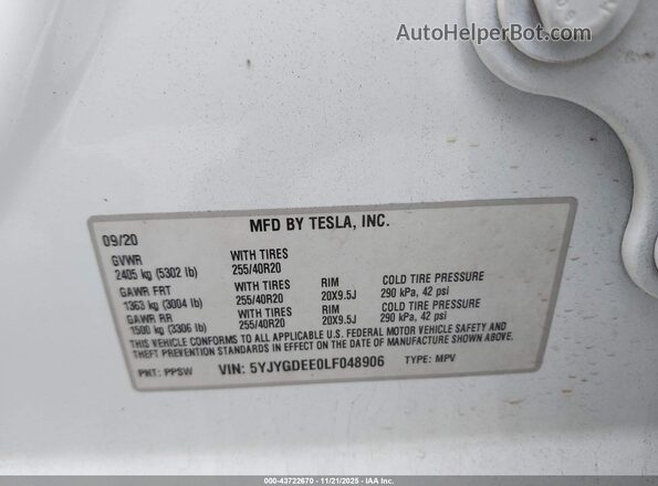 5YJYGDEE0LF048906 2020 TESLA MODEL Y White Vista del compartimento del motor
