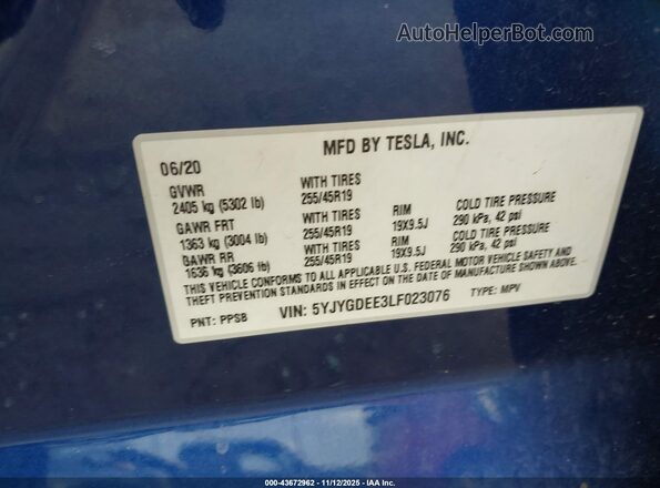 5YJYGDEE3LF023076 2020 TESLA MODEL Y Синий 