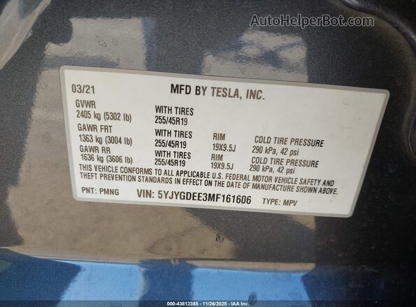 5YJYGDEE3MF161606 2021 TESLA MODEL Y Серый 