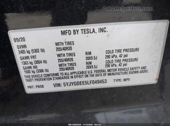 5YJYGDEE5LF049453 2020 TESLA MODEL Y Black Вид підкапотного простору
