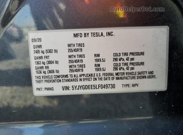 5YJYGDEE5LF049730 2020 TESLA MODEL Gray სალონის 360-გრადუსიანი ხედი