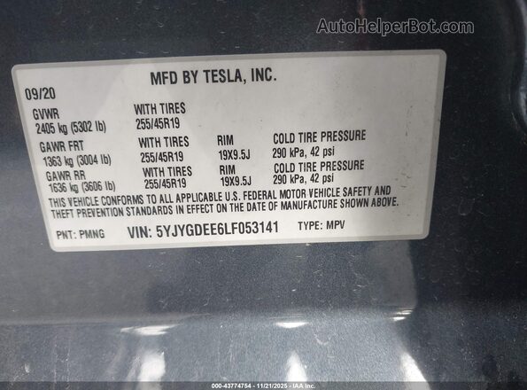 5YJYGDEE6LF053141 2020 TESLA MODEL Y Gray Շարժիչի բաժամունքի տեսք