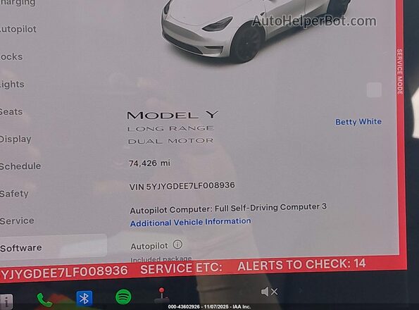 5YJYGDEE7LF008936 2020 TESLA MODEL Y Белый Вид задних сидений