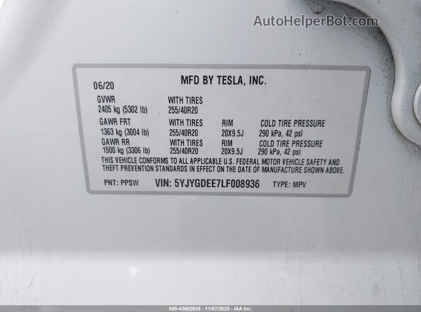 5YJYGDEE7LF008936 2020 TESLA MODEL Y Белый Вид подкапотного пространства