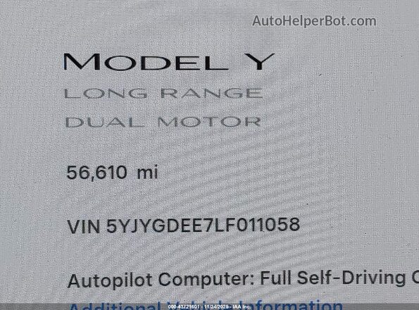 5YJYGDEE7LF011058 2020 TESLA MODEL Y Белый 