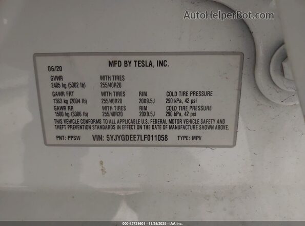 5YJYGDEE7LF011058 2020 TESLA MODEL Y Белый Вид подкапотного пространства
