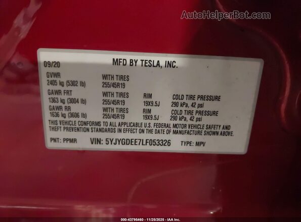 5YJYGDEE7LF053326 2020 TESLA MODEL Y Burgundy Widok komory silnika