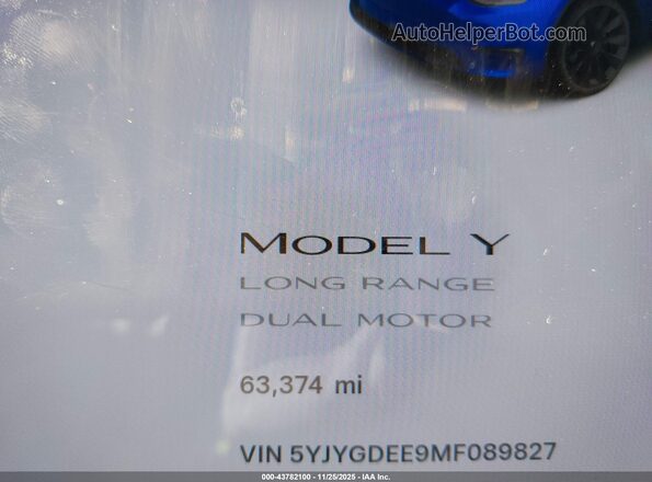 5YJYGDEE9MF089827 2021 TESLA MODEL Y Blue სალონის 360-გრადუსიანი ხედი