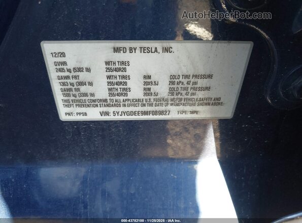 5YJYGDEE9MF089827 2021 TESLA MODEL Y Blue ძრავის განყოფილების ხედი