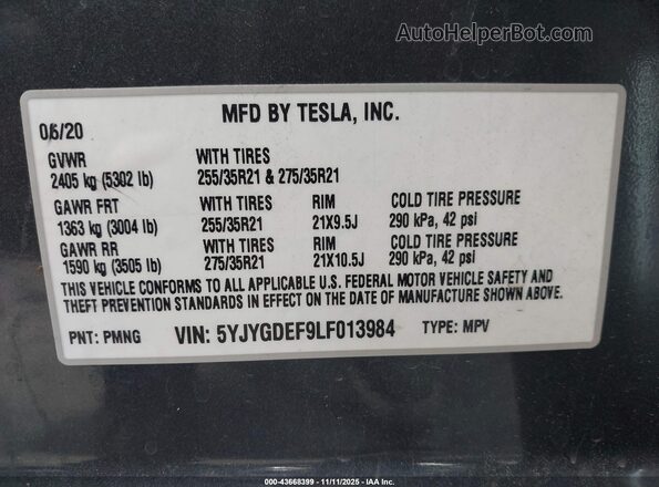 5YJYGDEF9LF013984 2020 TESLA MODEL Y Gray 