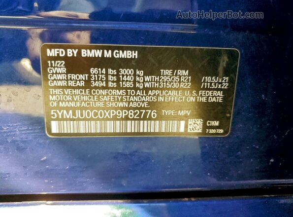 5YMJU0C0XP9P82776 2023 BMW X5 Blue Widok naklejki z numerem VIN