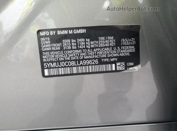 5YMUJ0C08LLA99626 2020 BMW X4 Silver Vista interior de 360 grados