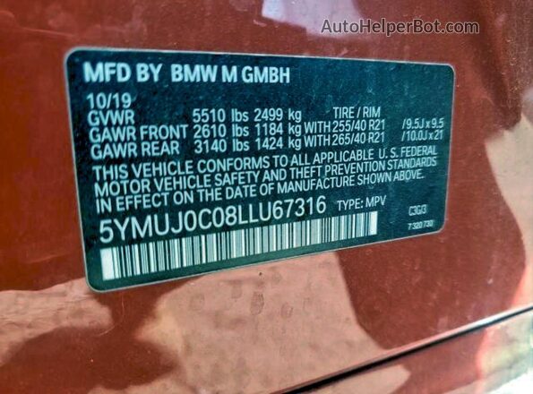 5YMUJ0C08LLU67316 2020 BMW X4 Red Вид задніх сидінь