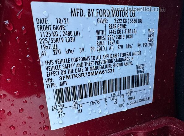 3FMTK3R75MMA61531 2021 FORD MUSTANG MACH-E PREMI Maroon Widok wnętrza z tyłu