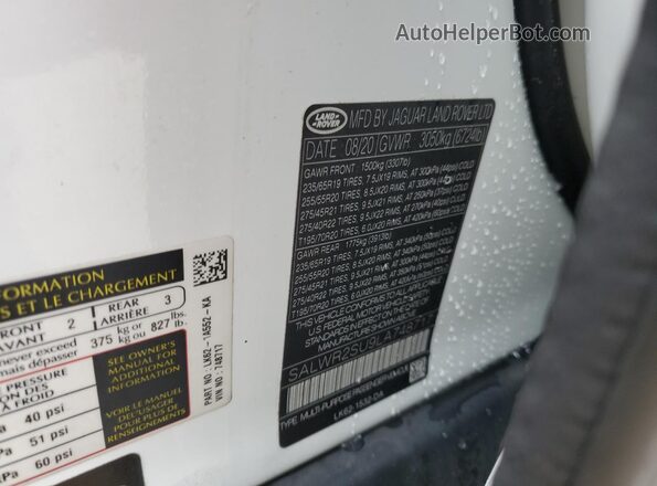 SALWR2SU9LA748717 2020 LAND ROVER RANGE White Панорамний вид салону 360°
