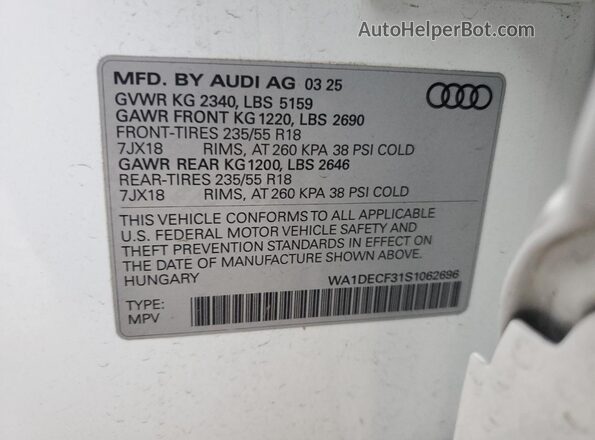 WA1DECF31S1062696 2025 AUDI Q3 White Widok wnętrza 360 stopni