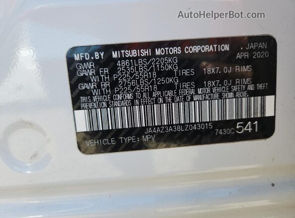 JA4AZ3A38LZ043015 2020 MITSUBISHI OUTLANDER White 