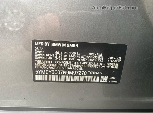 5YMCY0C07N9M97270 2022 BMW X6 Gray უკანა სავარძლების ხედი