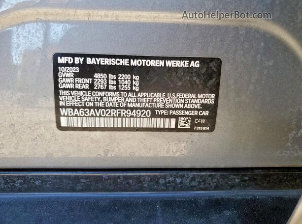 WBA63AV02RFR94920 2024 BMW 4 SERIES Gray Vista interior de 360 grados