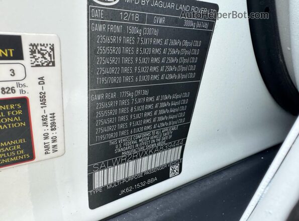 SALWR2RVXKA839444 2019 LAND ROVER RANGE ROVER White სალონის 360-გრადუსიანი ხედი