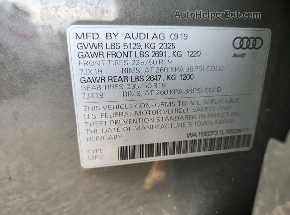 WA1EECF31L1022611 2020 AUDI Q3 Gray 360 interior view