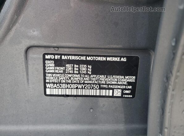 WBA53BH08PWY20750 2023 BMW 5 SERIES Gray Vista de la etiqueta del VIN