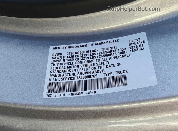 5FPYK3F78JB006769 2018 HONDA RIDGELINE Silver Вид задньої частини салону