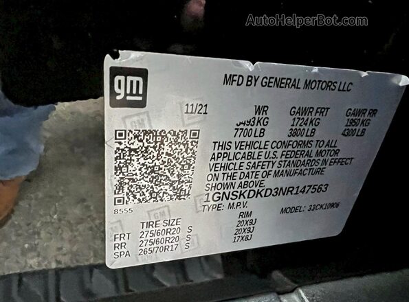 1GNSKDKD3NR147563 2022 CHEVROLET SUBURBAN Black 