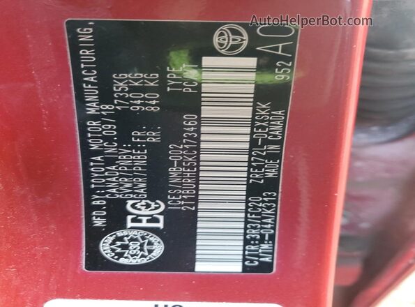 2T1BURHE5KC173460 2019 TOYOTA LL Red VIN կոդի պիտակի տեսք