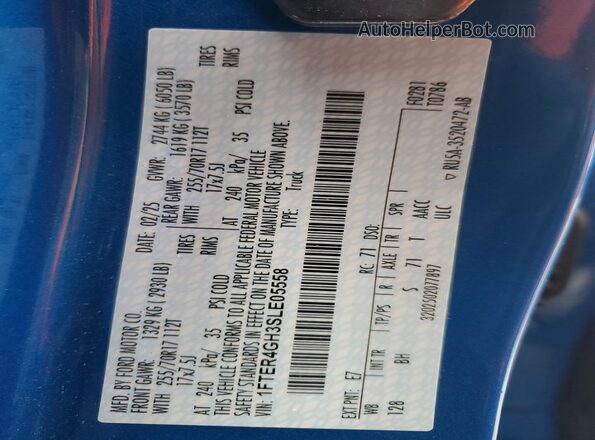 1FTER4GH3SLE05558 2025 FORD RANG Blue Vista de la etiqueta del VIN