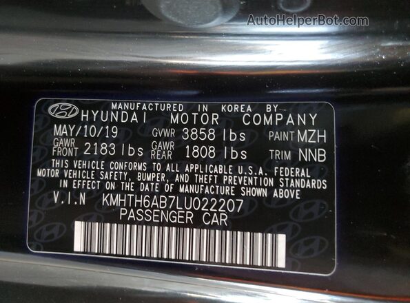 KMHTH6AB7LU022207 2020 HYUNDAI VELOSTER Black Вид наклейки з VIN-кодом