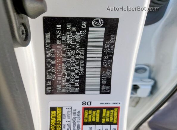 58AD11D16RU013644 2024 LEXUS ES White Vista de la etiqueta del VIN