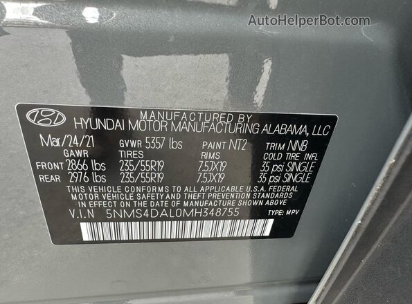 5NMS4DAL0MH348755 2021 HYUNDAI SANTA FE Gray Սալոնի հետևի տեսք
