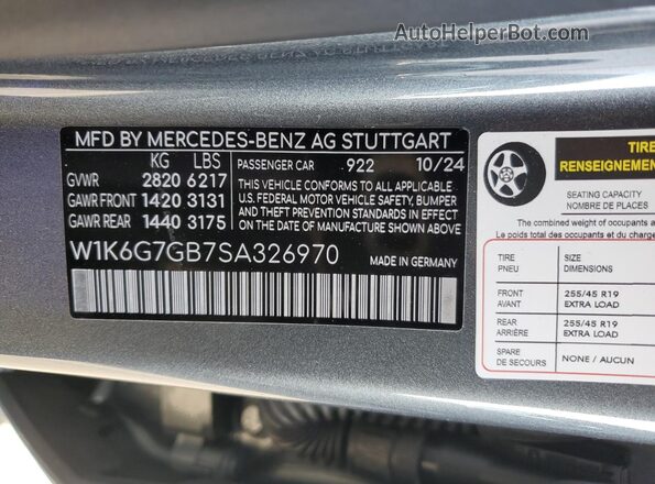 W1K6G7GB7SA326970 2025 MERCEDES-BENZ S-CLASS Charcoal Vista de la etiqueta del VIN