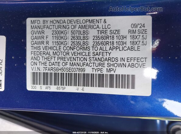 7FARS6H50SE037899 2025 HONDA CR-V HYBRID Blue 