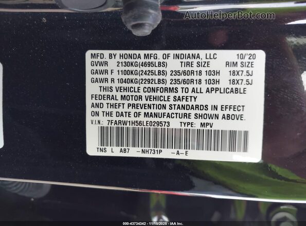 7FARW1H56LE029573 2020 HONDA CR-V Черный Вид подкапотного пространства