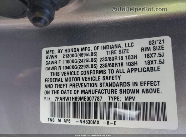 7FARW1H89ME007787 2021 HONDA CR-V Silver Vista del compartimento del motor