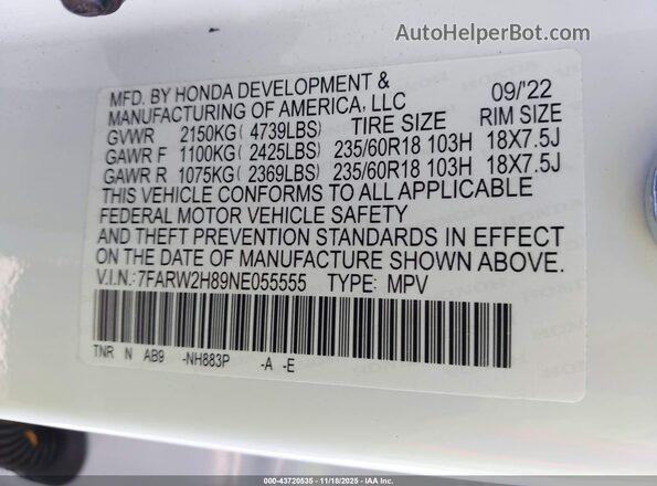 7FARW2H89NE055555 2022 HONDA CR-V White 