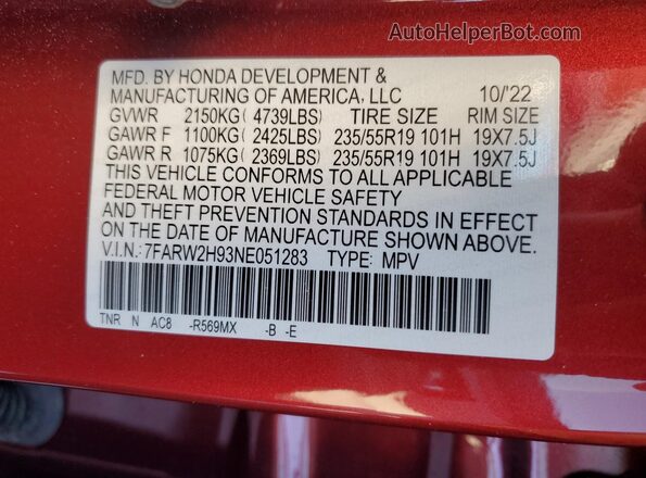 7FARW2H93NE051283 2022 HONDA CR-V Red Vista de la etiqueta del VIN