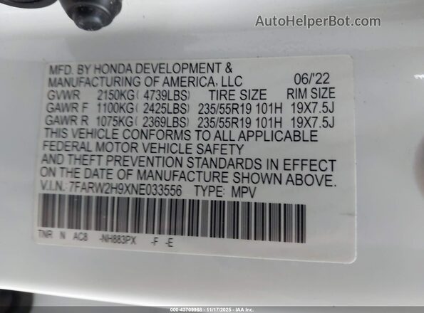 7FARW2H9XNE033556 2022 HONDA CR-V White Widok komory silnika
