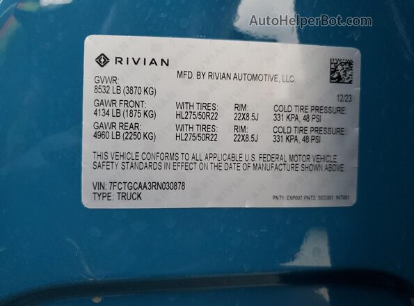 7FCTGCAA3RN030878 2024 RIVIAN R1T Blue Շարժիչի բաժամունքի տեսք