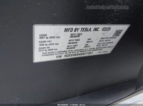 7G2CEHED4SA071001 2025 TESLA CYBERTRUCK Silver Շարժիչի բաժամունքի տեսք