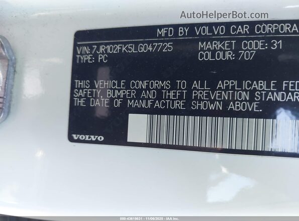 7JR102FK5LG047725 2020 VOLVO S60 White ძრავის განყოფილების ხედი