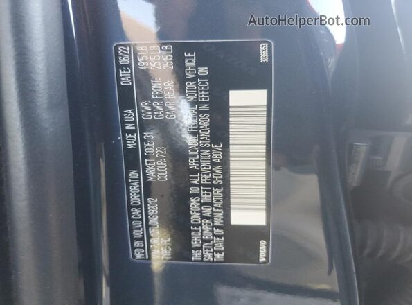 7JRL12FL0NG192012 2022 VOLVO S60 Blue VIN კოდის სტიკერის ხედი