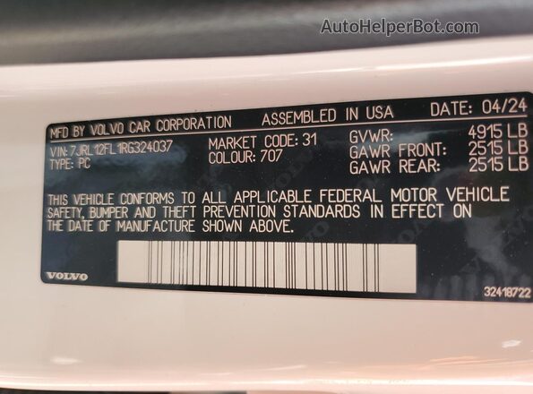 7JRL12FL1RG324037 2024 VOLVO S60 White 