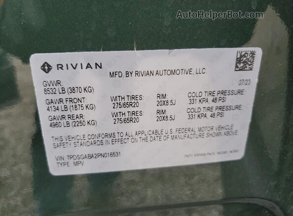7PDSGABA2PN016531 2023 RIVIAN R1S Green Սալոնի 360 աստիճան տեսք