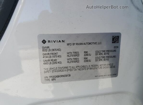 7PDSGABA3RN039139 2024 RIVIAN R1S White Панорамний вид салону 360°